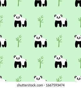 Seamless pattern with cute cartoon panda and bamboo. Vector illustration.