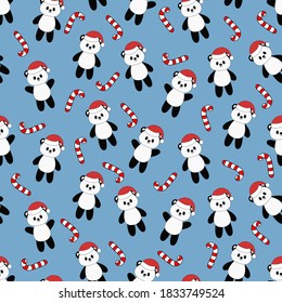 Patrón sin foco con panda de dibujos bonitos. Ilustración vectorial. Fondo de Navidad.	