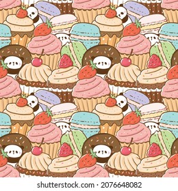 Nahtlose Muster von Cute Cartoon Panda, Cupcake und Macaron Illustration Design