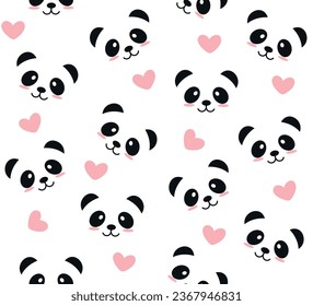 Seamless pattern of cute cartoon panda faces and pink hearts, vector design for fabric, cover, background, wallpaper designs