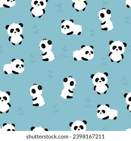 Seamless pattern of cute cartoon panda on blue Background and twig bamboo