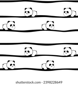 Seamless pattern of cute cartoon panda on strip background, black and white print