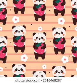seamless pattern cute cartoon panda holding strawberry. cute animal drawing for wallpaper, pattern, background