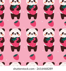 seamless pattern cute cartoon panda holding strawberry. cute animal drawing for wallpaper, pattern, background