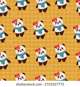 nahtloses Muster niedlichen Cartoon-Panda mit blauem Schal und roter Schleife. süße Tier Tapete im karierten Stil für die Wintersaison