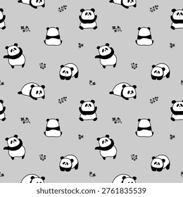 Seamless Pattern with Cute Cartoon Panda Bear Design on Grey Background. Hand Drawn Vector Illustration. Not AI Generated.