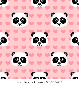 Seamless pattern with cute cartoon panda and heart on pink background