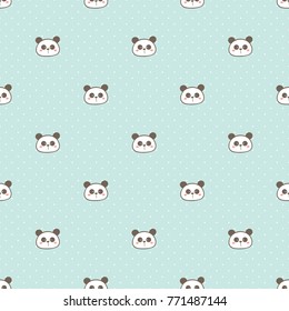 Seamless Pattern of Cute Cartoon Panda Face on Pastel Green Background with Dots