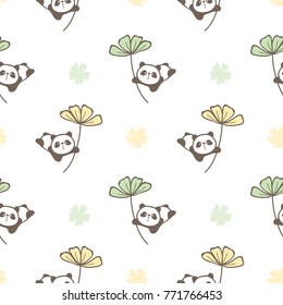 Seamless Pattern of Cute Cartoon Panda and Flower Design on White Background