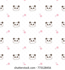 Seamless Pattern of Cute Cartoon Panda Face and Shooting Star on White Background with Dots