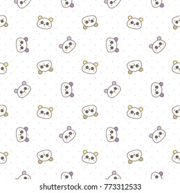 Seamless Pattern of Cute Cartoon Panda Face on White Background with Dots