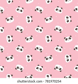 Seamless  Pattern of Cute Cartoon Panda Head Design on Pink Background with Dots and Hearts