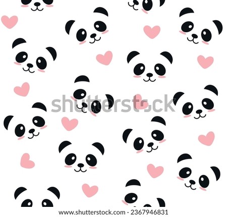 Seamless pattern of cute cartoon panda faces and pink hearts, vector design for fabric, cover, background, wallpaper designs