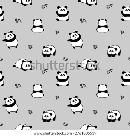 Seamless Pattern with Cute Cartoon Panda Bear Design on Grey Background. Hand Drawn Vector Illustration. Not AI Generated. Stock photo © 