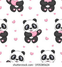 Patrón sin foco con bonitos pandas de dibujos y corazones rosados. Ilustración vectorial sobre fondo blanco.