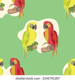 Seamless pattern with cute cartoon parrot bird on branch. Vector illustration for wallpaper, fabric, textile. Summer exotic print. Tropical parrot with floral monstera leaves.