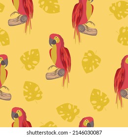 Seamless pattern with cute cartoon parrot bird on branch. Vector illustration for wallpaper, fabric, textile. Summer exotic print. Tropical parrot with floral monstera leaves.