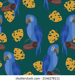 Seamless pattern with cute cartoon parrot bird on branch. Vector illustration for wallpaper, fabric, textile. Summer exotic print. Tropical parrot with floral monstera leaves.
