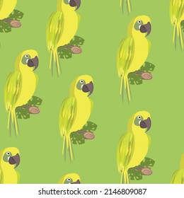 Seamless pattern with cute cartoon parrot bird on branch. Vector illustration for wallpaper, fabric, textile. Summer exotic print. Tropical parrot with floral monstera leaves.