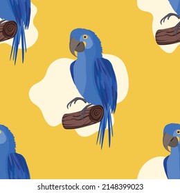 Seamless pattern with cute cartoon parrot bird on branch. Vector illustration for wallpaper, fabric, textile. Summer exotic print. Tropical parrot with floral monstera leaves.
