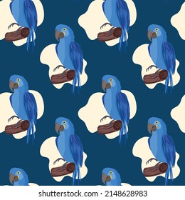 Seamless pattern with cute cartoon parrot bird on branch. Vector illustration for wallpaper, fabric, textile. Summer exotic print. Tropical parrot with floral monstera leaves.