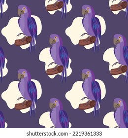 Seamless pattern with cute cartoon parrot bird on branch. Vector illustration for wallpaper, fabric, textile. Summer exotic print. Tropical parrot with floral monstera leaves.