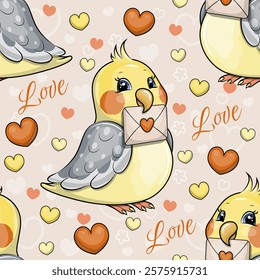 Seamless pattern with cute cartoon parrot that holds a love letter. Vector illustration with bird, hearts, word love.