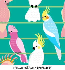 Seamless pattern with cute cartoon parrots