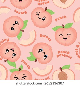 Padrão perfeito com pêssegos bonitos de desenho animado, fatias de pêssego, folhas verdes e texto como Peach Perfect e Sweet Suculento. Ótimo para desenhos, embalagens e impressões das crianças.
