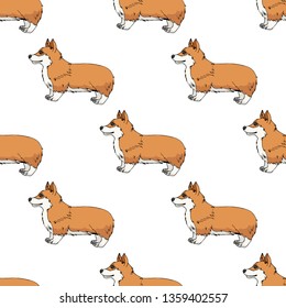 Seamless pattern with cute cartoon pembroke welsh corgi on white background. Endless texture with funny dogs for your design
