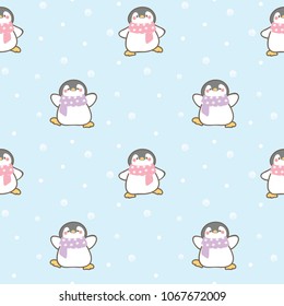 Seamless Pattern of Cute Cartoon Penguin Design on Blue Background with Dots