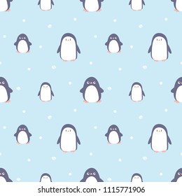 Seamless Pattern of Cute Cartoon Penguin Design on Blue Background with Dots