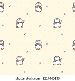 Seamless Pattern of Cute Cartoon Penguin and Flower Design on Pastel Yellow Background with Pink Dots
