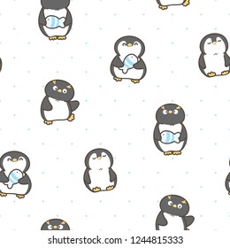 Seamless Pattern of Cute Cartoon Penguin Design on White Background with Blue Dots