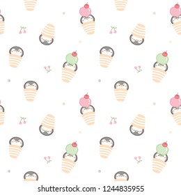 Seamless Pattern with Cute Cartoon Penguin and Ice Cream Design on White Background