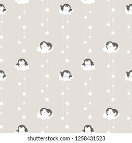 Seamless Pattern of Cute Cartoon Penguin, Cloud and Star Design on Light Grey Background