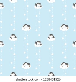 Seamless Pattern of Cute Cartoon Penguin, Cloud and Star Design on Pastel Blue Background