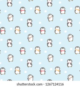 Seamless Pattern of Cute Cartoon Penguin with Scarf Design on pastel Blue Background