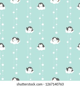 Seamless Pattern of Cute Cartoon Penguin, Cloud and Star Design on Pastel Green Background