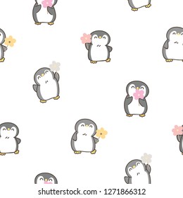 Seamless Pattern of Cute Cartoon Penguin with Flower Design on White Background