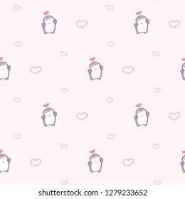 Seamless Pattern with Cute Cartoon Penguin and Heart Design on Light Pink Background