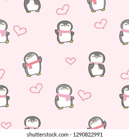 Seamless Pattern with Cute Cartoon Penguin and Heart Design on Pink Background