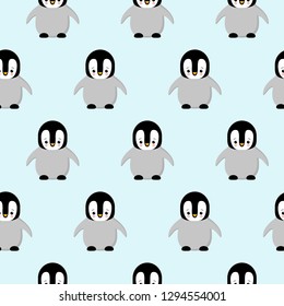 Seamless Pattern of Cute Cartoon Penguin Design on Blue Background