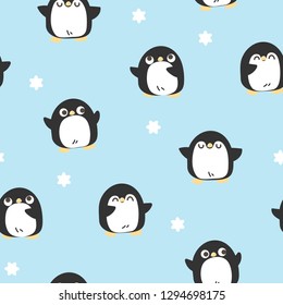Seamless Pattern of Cute Cartoon Penguin Design on Blue Background