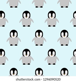 Seamless Pattern of Cute Cartoon Penguin Design on Blue Background