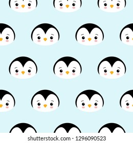 Seamless Pattern of Cute Cartoon Penguin Design on Blue Background