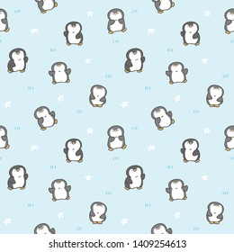 Seamless Pattern of Cute Cartoon Penguin Design on Light Blue Background