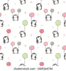 Seamless Pattern of Cute Cartoon Penguin with Balloon Design on White Background