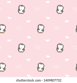 Seamless Pattern of Cute Cartoon Penguin and Heart Design on Pink Background