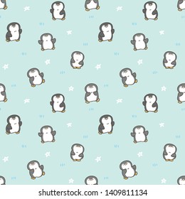 Seamless Pattern of Cute Cartoon Penguin Design on Pastel Green Background